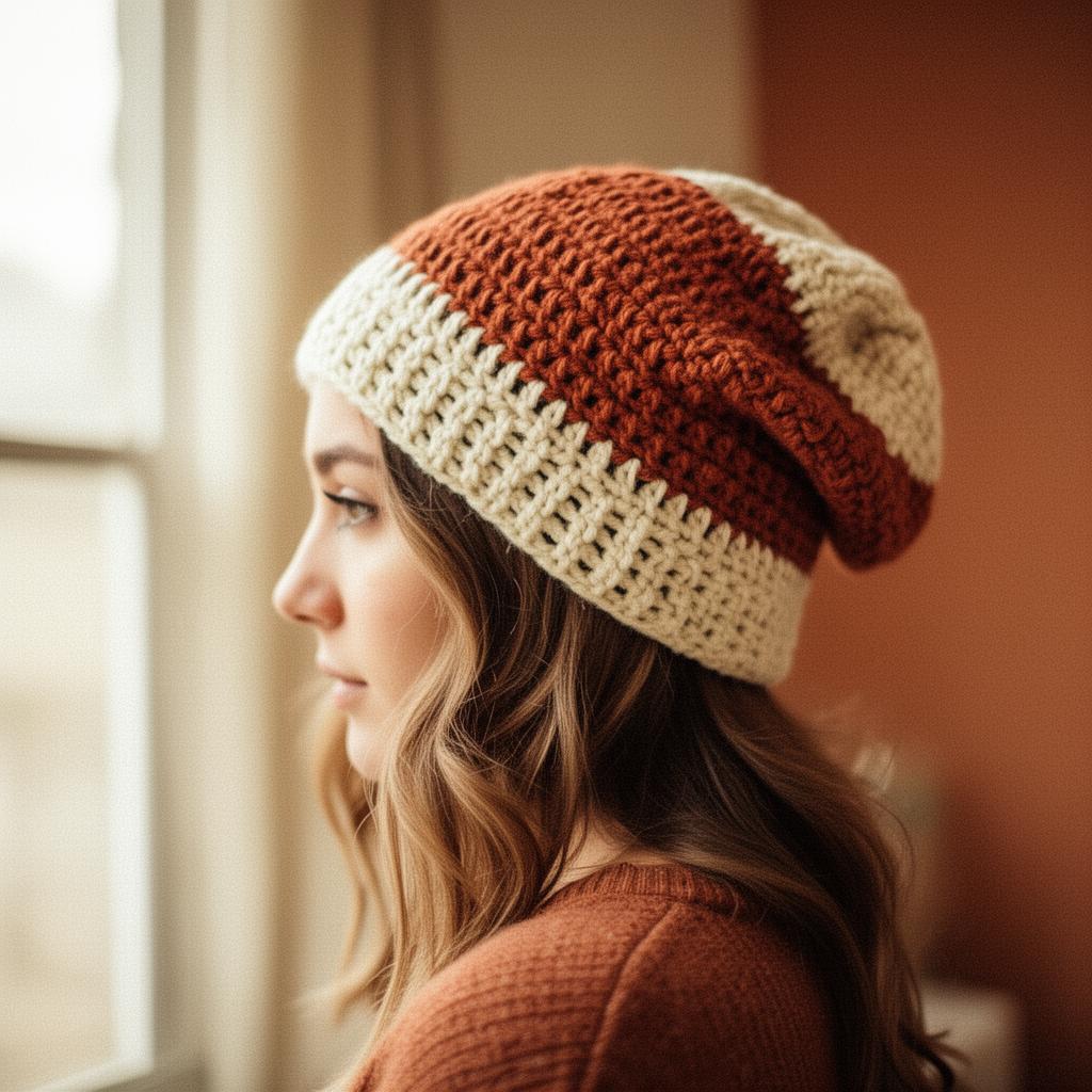 Slouchy crochet beanie worn in soft natural light