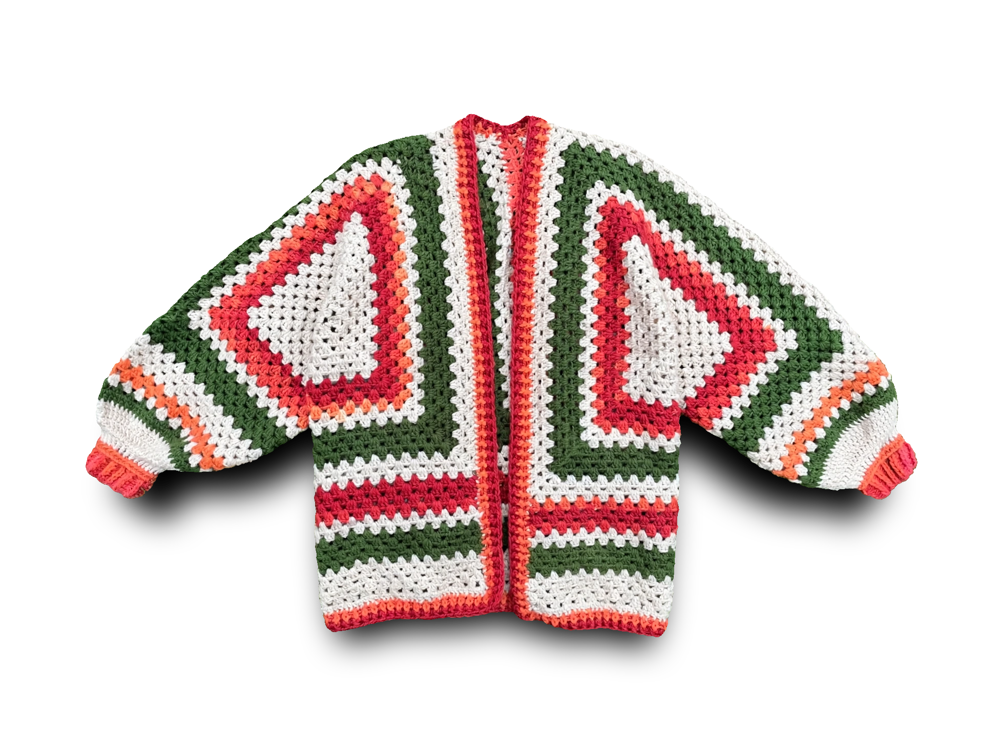 Forest Green, Orange & Cream Handmade Granny Stitch Cardigan - Boho Hexigon Cardi