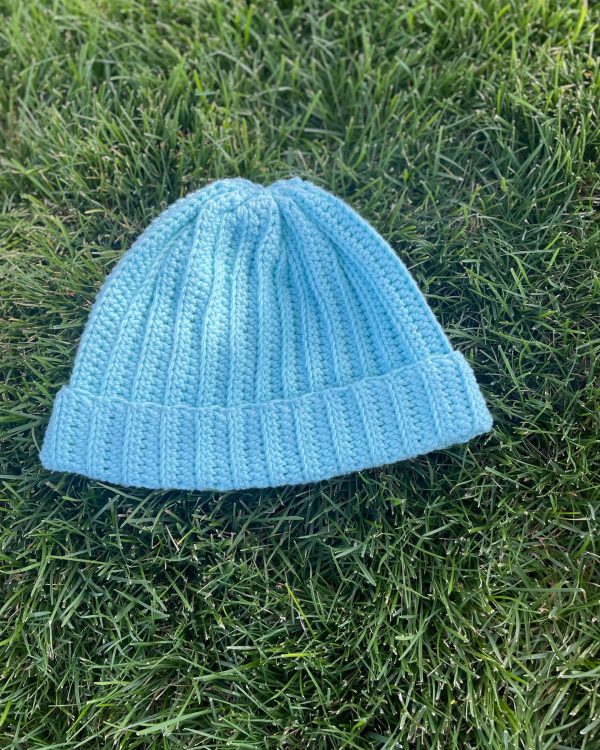 Light Blue Handmade Ribbed Fitted Beanie - Boho Cotton Beanie